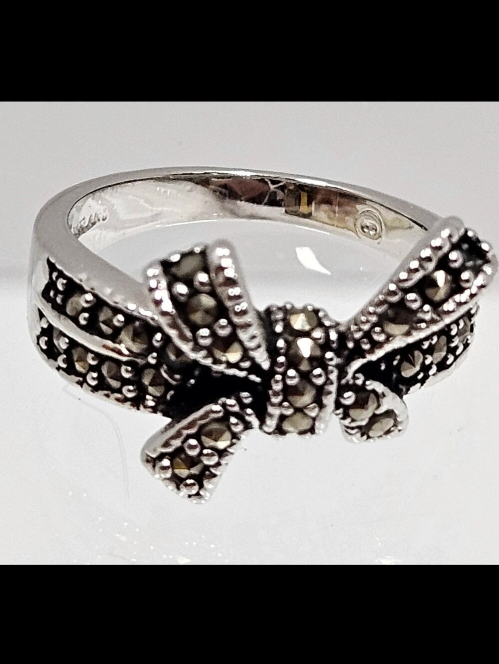 Bow Accent Marcasite Ring - Silver Tone